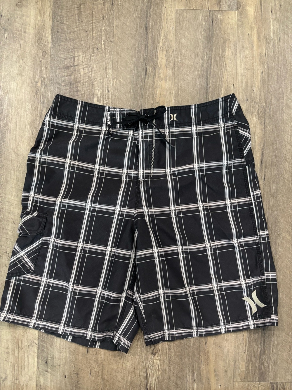 Hurley Black and White Plaid Hybrid Board Shorts